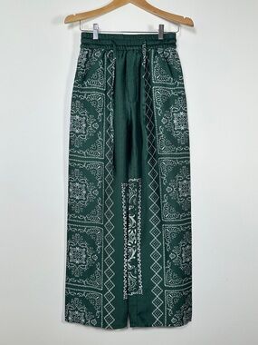 Olive Green Satin-Print Wide Leg Pants